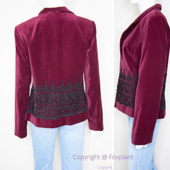 Maggy London 100% cotton embossment burgundy velvet blazer jacket, size 10 - Picture 3 of 16